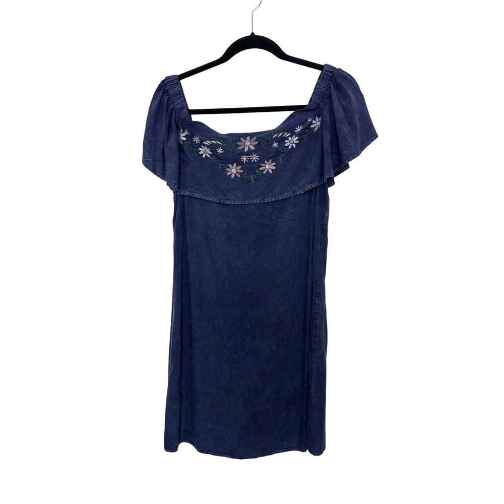 NWT Denim Chambray Embroidered Floral Off the Shoulder Dress L Western Boho
